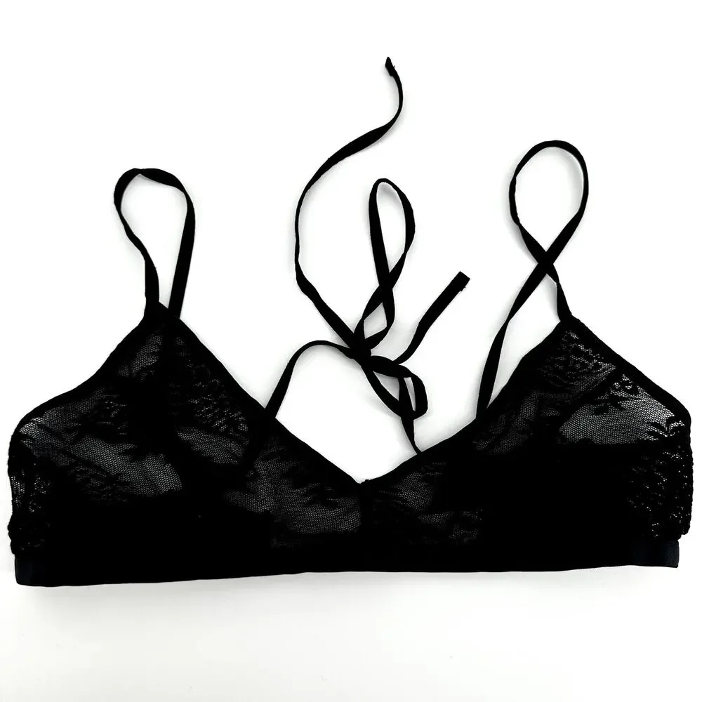 Savage Sheer Lace Strappy Bra Mesh Wireless Breathable Unlined Black Small